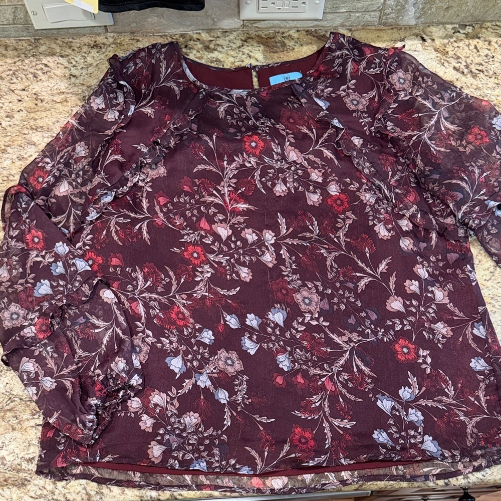 CeCe Deep Burgundy Floral Blouse